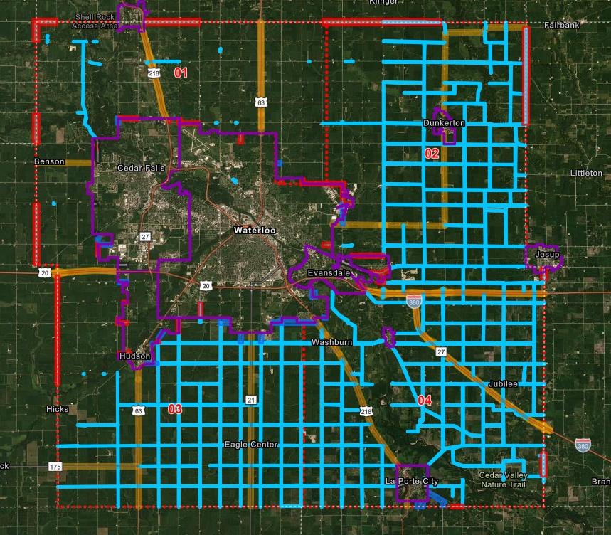 Map of Black Hawk County, split into quadrants, marking roads where spraying occurred in 2024