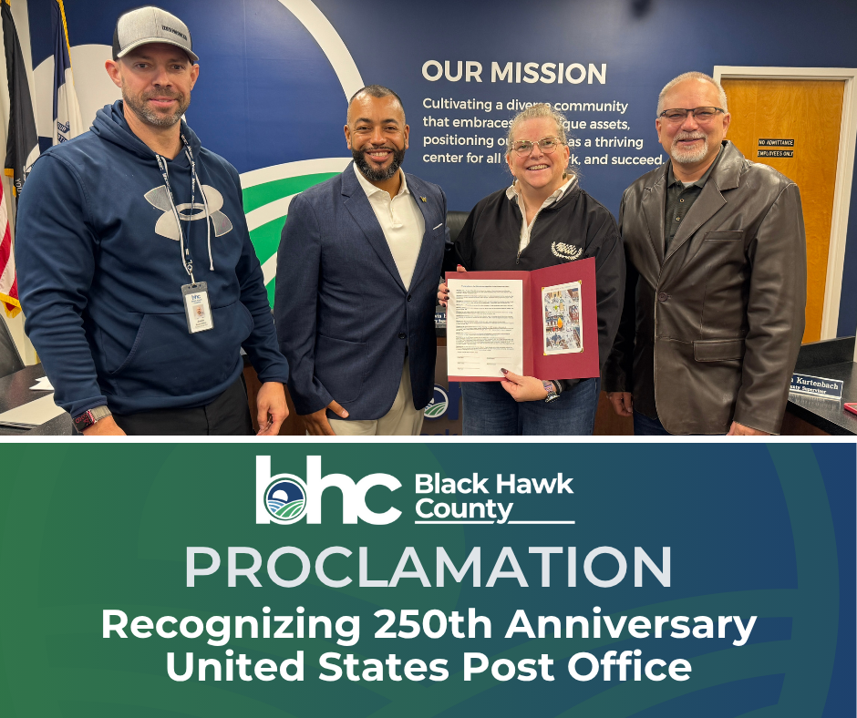 Image of 3 Board of Supervisors with representative of United Postal Workers